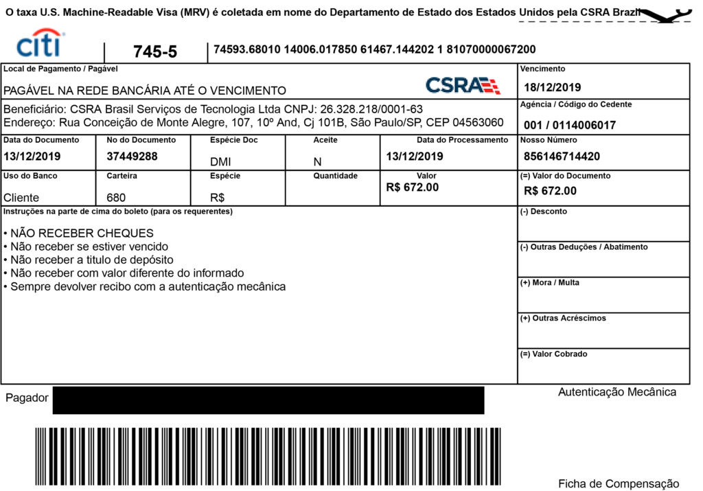 Pagamento da Taxa MRV Visto Americano Visto Completo