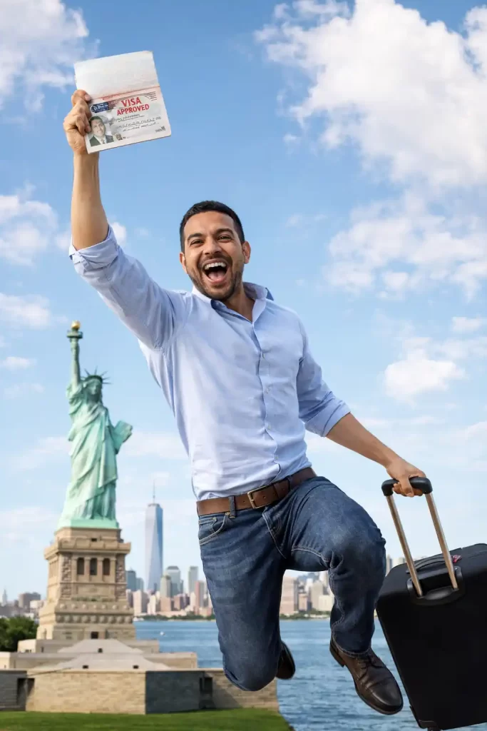 Homem pulando com visto americano na mão