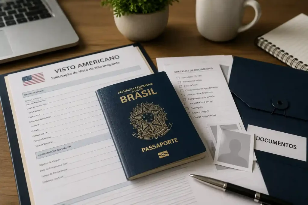 documentos organizados sobre uma mesa, passaporte em destaque