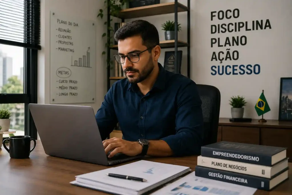 empreendedor brasileiro trabalhando no computador em seu escritório