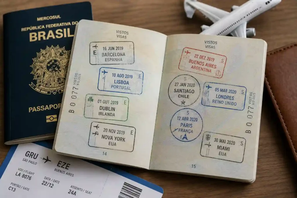passaporte brasileiro aberto com carimbos de viagem visíveis