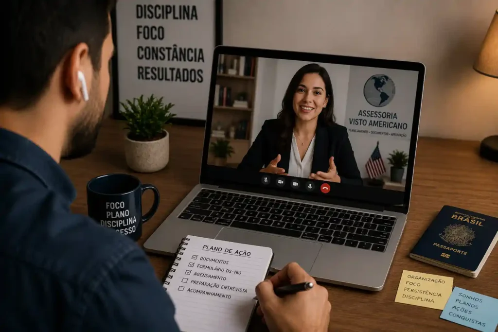pessoa em reunião de consultoria online por videochamada de visto americano