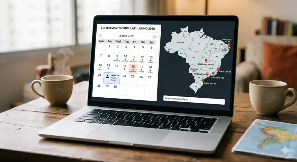 Tela de computador com calendário de agendamento do visto americano e mapa dos consulados no Brasil