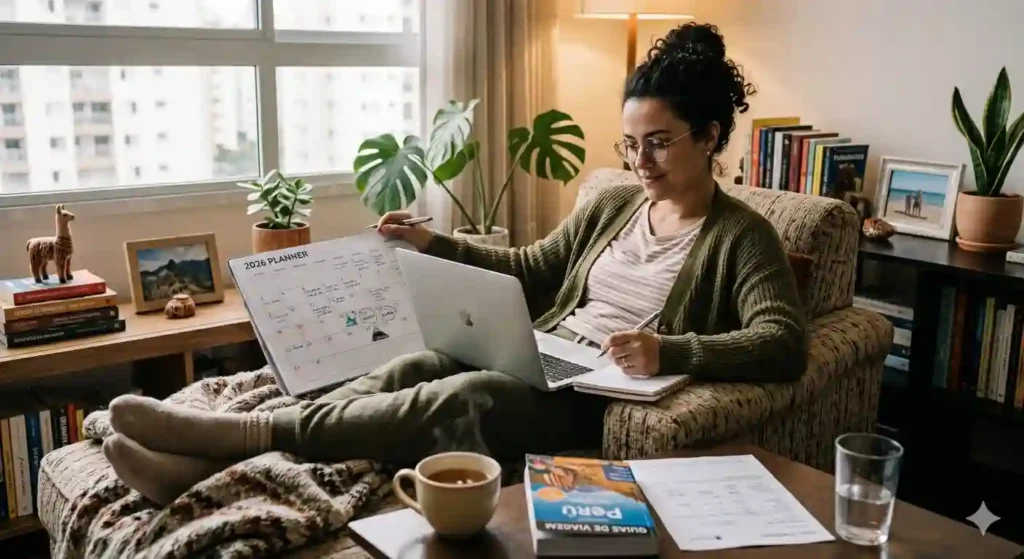 Pessoa planejando viagem em casa com notebook e calendário durante a melhor época para tirar o visto americano