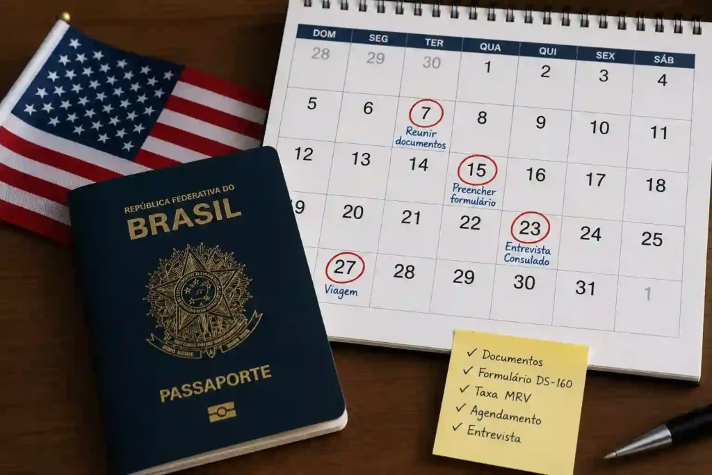 Calendário com datas marcadas ao lado de passaporte e bandeira dos Estados Unidos representando o melhor mês para solicitar o visto americano
