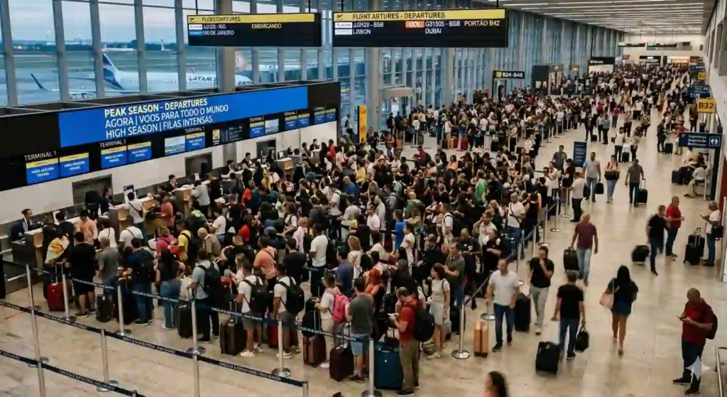 Aeroporto movimentado com viajantes em fila representando os meses de maior demanda pelo visto americano