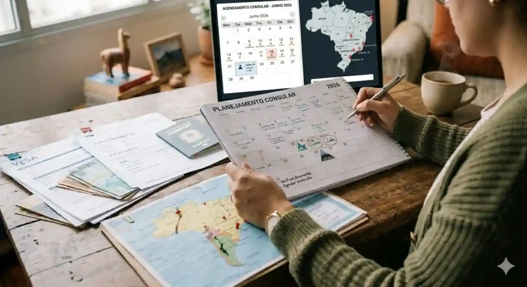 Pessoa organizando documentos e calendário sobre a mesa planejando quando solicitar o visto americano