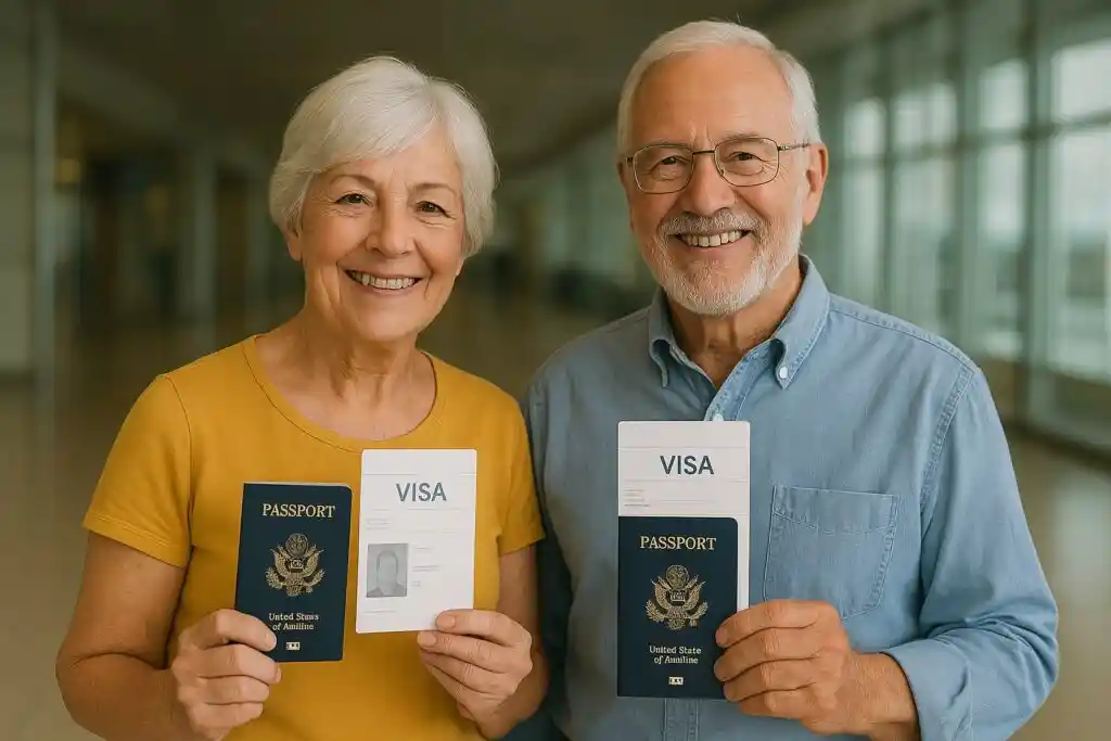 Casal de aposentados segurando passaportes brasileiros e planejando viagem aos Estados Unidos